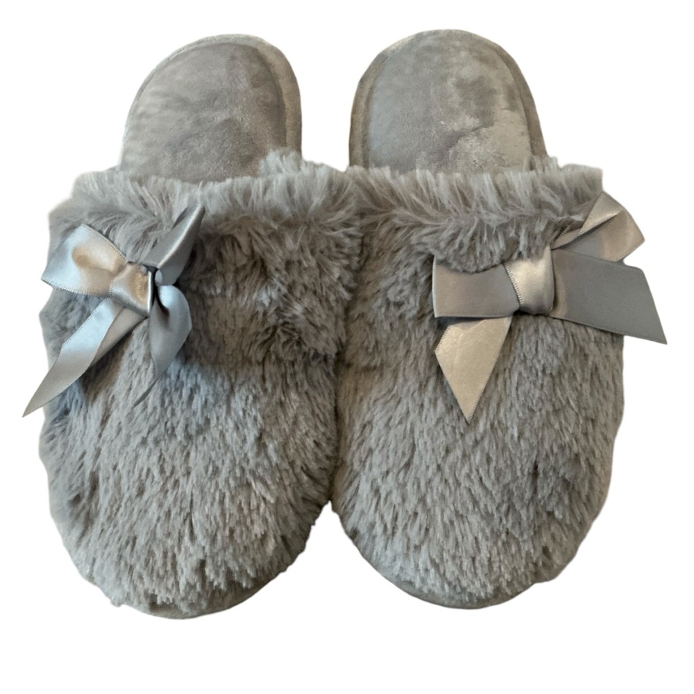 Dearfoams memory foam slippers grey faux fur with bow size 5-6 indoor outdoor - Picture 4 of 5